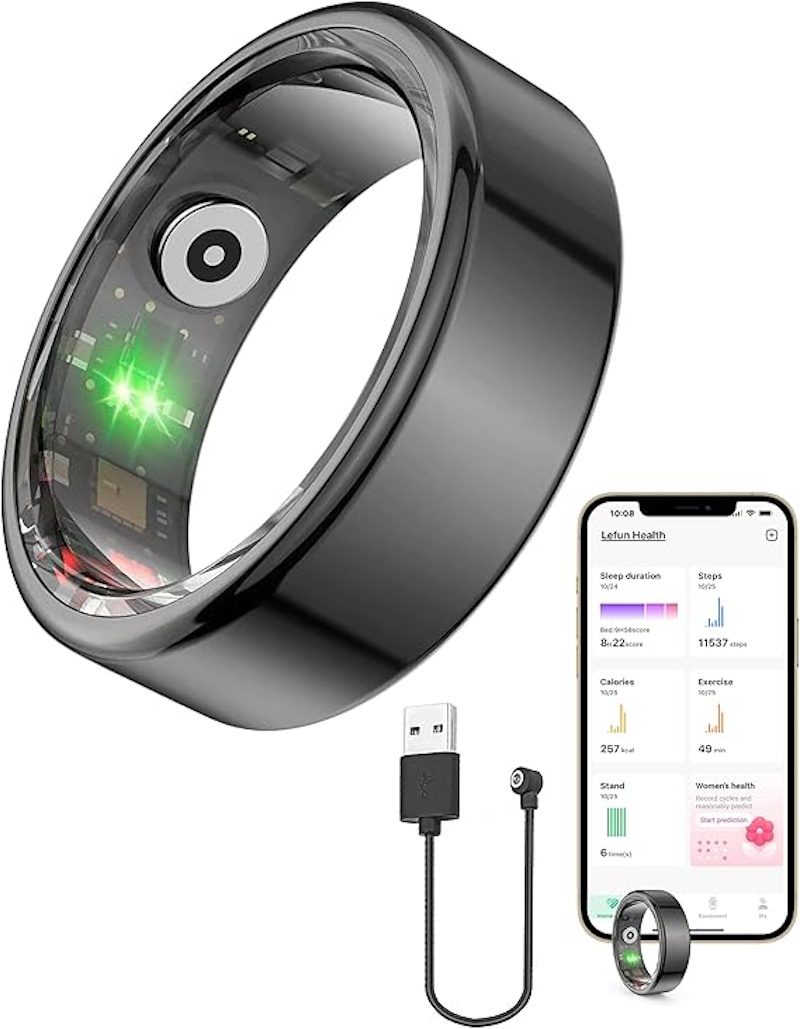 Person reviewing smart jewelry health tracking metrics on smartphone app showing wellness data heart rate sleep analysis fitness monitoring wearable technology integration InfoProds 2026