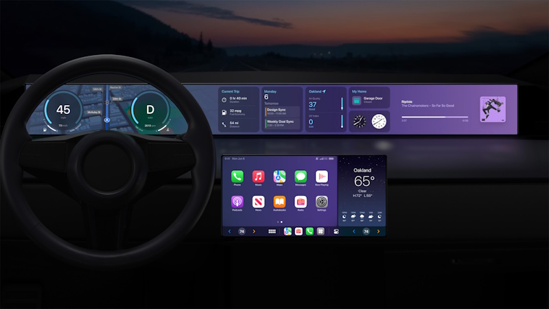Apple CarPlay Interface User Experience Design Apple CarPlay clean minimalist interface showing iOS-style grid layout with large app icons optimized navigation controls and Siri voice assistant integration on vehicle touchscreen display - InfoProds 2026