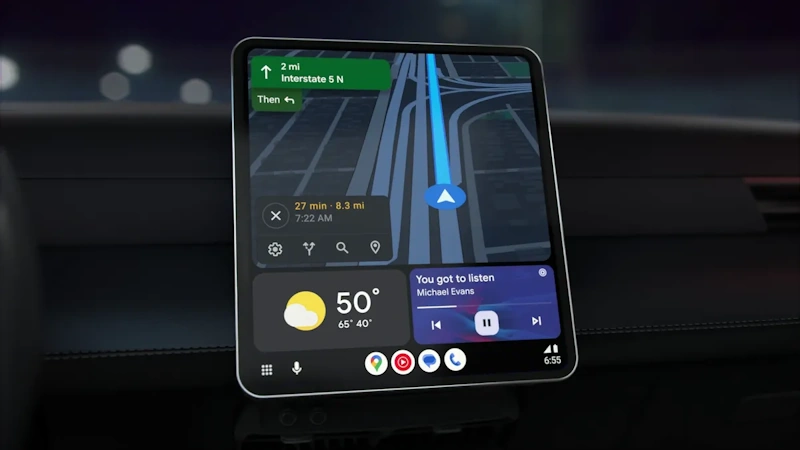 Google Maps Navigation on Android Auto Platform Google Maps superior navigation displaying real-time traffic data route optimization and turn-by-turn directions through Android Auto split-screen interface with music controls visible simultaneously - InfoProds 2026