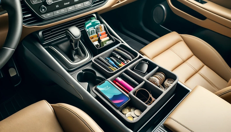 Complete car interior organization transformation showing clean console with organizer, gap fillers preventing item loss, backseat storage solutions, and systematic accessory placement creating clutter-free vehicle environment - InfoProds 2026
